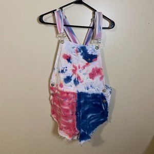 BDG Custom tie dye short overalls